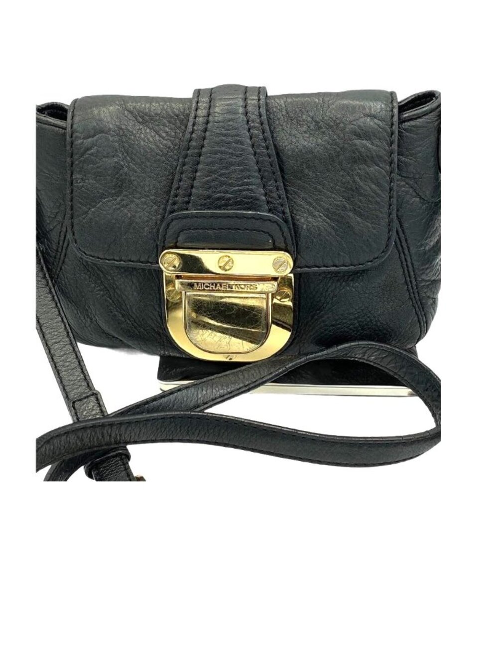 Michael Michael Kors Black Leather Mini Crossbody Bag Push Lock Adjustable Strap